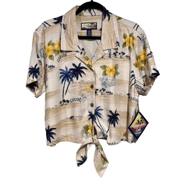 Havana Jack's Cafe Women's Hawaiian Shirt NWT XL Knot Front Crop Tan Yellow READ - Picture 1 of 9
